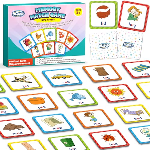 Aizweb CVC Word Match Game 60 Pc Toddler Card Games for Kids Ages 36 Phonics Flash Cards for Preschool Kindergarten Learning Activities Educational Toys for Home School Supplies - Image 1