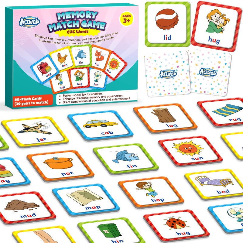 Aizweb CVC Word Match Game 60 Pc Toddler Card Games for Kids Ages 36 Phonics Flash Cards for Preschool Kindergarten Learning Activities Educational Toys for Home School Supplies - Image 4