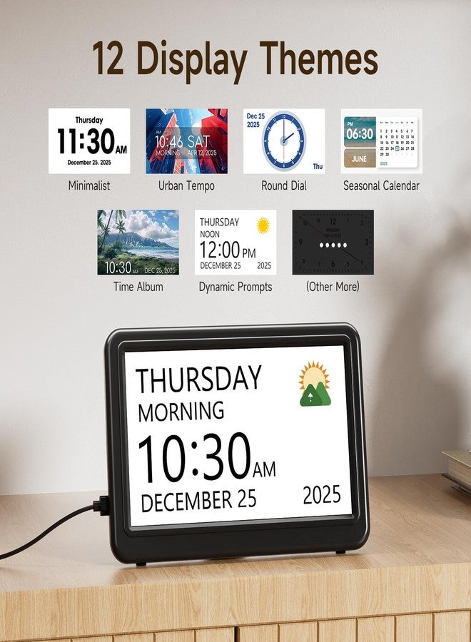 Raynic Date Clock, Digital Clock with 12 Themes, 20 Alarms, 20 Reminders, Semi-Automatic Dimming, 12/24 Hours, Auto DST Clock for Seniors Desktop, Office, Students (Black, 7 Inches) - Image 3
