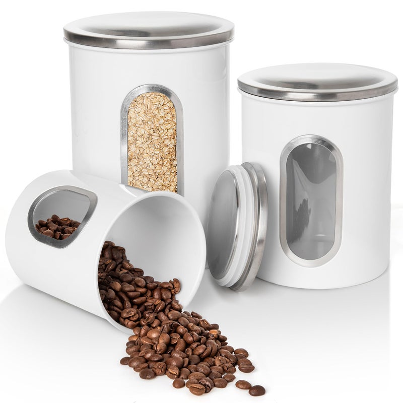 Mixpresso 3-Piece White Canisters Sets For The Kitchen, Airtight Canister Set With See Through Window, Storage Jars for Coffee Container, Tea Organizer & Sugar Canister, White Kitchen Canisters - Image 1