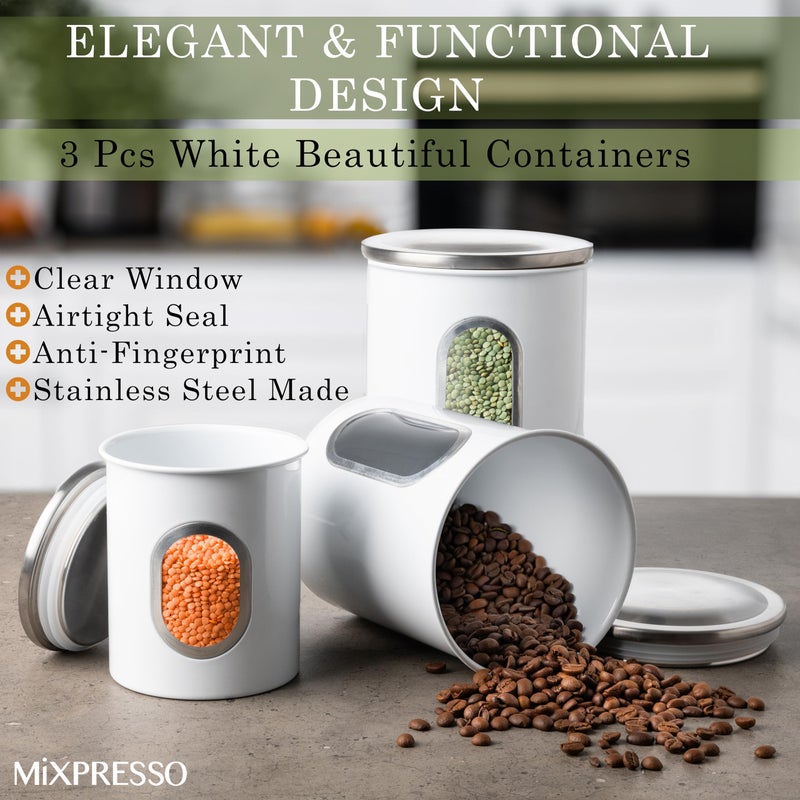 Mixpresso 3-Piece White Canisters Sets For The Kitchen, Airtight Canister Set With See Through Window, Storage Jars for Coffee Container, Tea Organizer & Sugar Canister, White Kitchen Canisters - Image 3