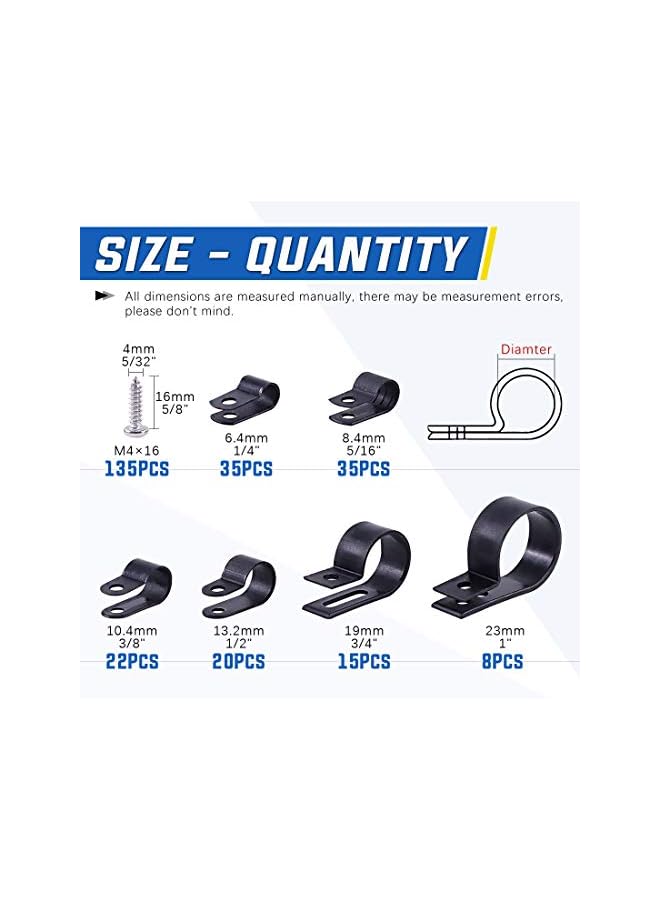 promass 135Pcs 6 Sizes 1/4''-1'' Black Nylon Screw Mounting R-Type Cable Clip Wire Clamp with 132Pcs Screws for Wire, Cable, Conduit and Cable Conduit Kit (Black) - Image 2