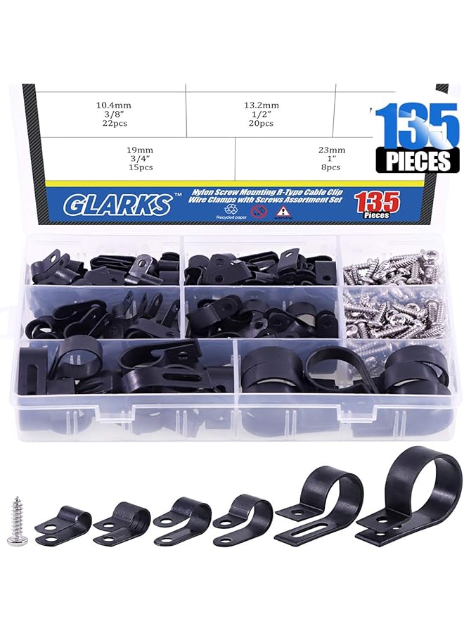 promass 135Pcs 6 Sizes 1/4''-1'' Black Nylon Screw Mounting R-Type Cable Clip Wire Clamp with 132Pcs Screws for Wire, Cable, Conduit and Cable Conduit Kit (Black) - Image 1