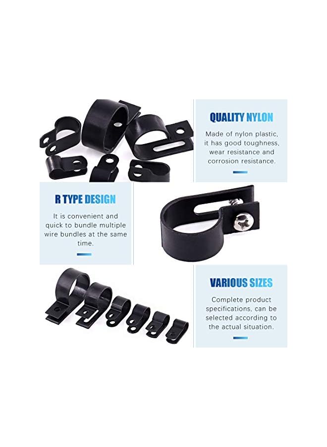 promass 135Pcs 6 Sizes 1/4''-1'' Black Nylon Screw Mounting R-Type Cable Clip Wire Clamp with 132Pcs Screws for Wire, Cable, Conduit and Cable Conduit Kit (Black) - Image 4