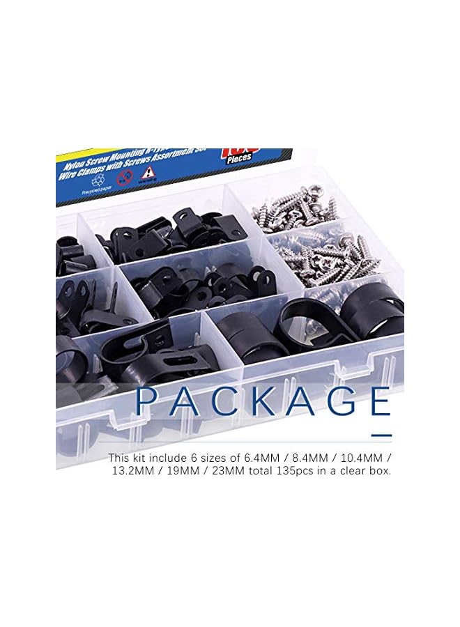 promass 135Pcs 6 Sizes 1/4''-1'' Black Nylon Screw Mounting R-Type Cable Clip Wire Clamp with 132Pcs Screws for Wire, Cable, Conduit and Cable Conduit Kit (Black) - Image 5