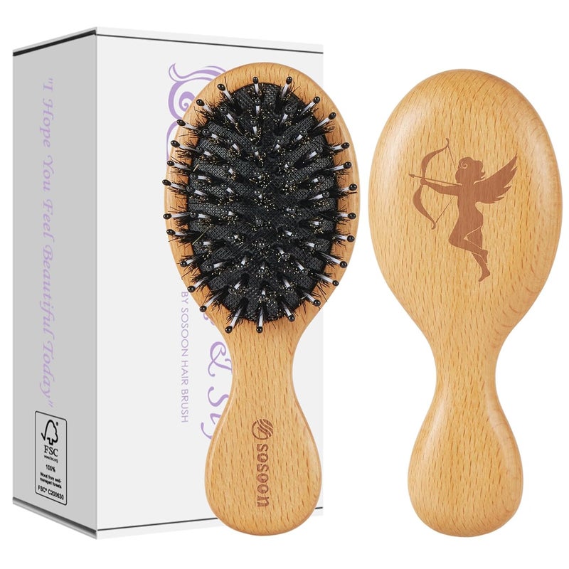 Hair Brush Pocket Mini Travel Boar Bristle Hairbrush for Thick Thin Curly Straight Long Short Wet Dry Hair for Men Women Kids for Smoothing Detangling Massaging Adding Shine