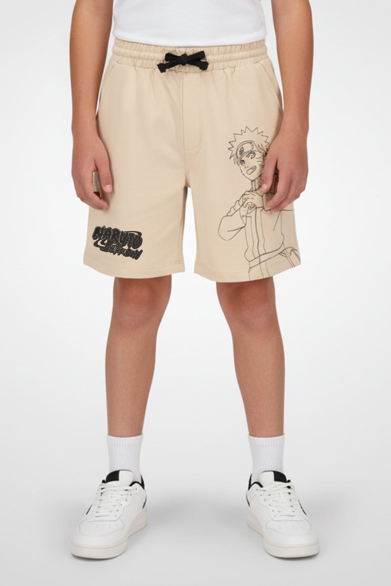 Naruto Kids Boy Drawstring Graphic Print Basic Shorts, Beige - Image 1
