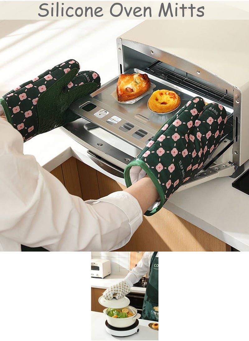 Qiccijoo Qiccijoo 1 Pair Silicone Oven Mitts and Pot Holders Sets，Extreme Heat Resistant BBQ Gloves,Extra Long Oven Mitts for Kitchen Baking Cooking Slip Resistant Flexible Oven Gloves(Green)  - Image 3