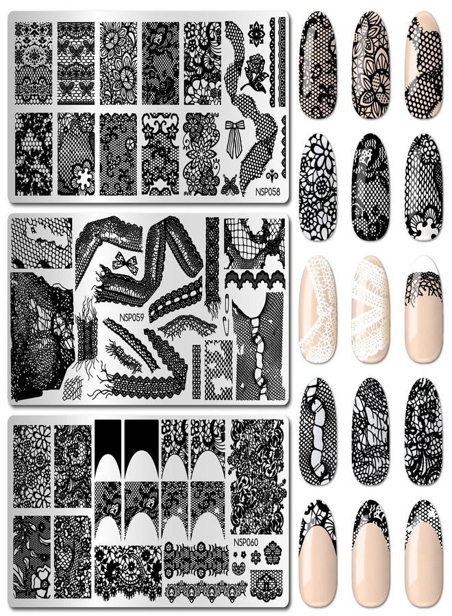 Arbuya Lace Nail Stamping Plates Set of 3 - Vintage Lace Backgrounds, Bow Lace & French Tip Design Template for DIY Nail Art Manicure Salon Supply Tools - Image 1