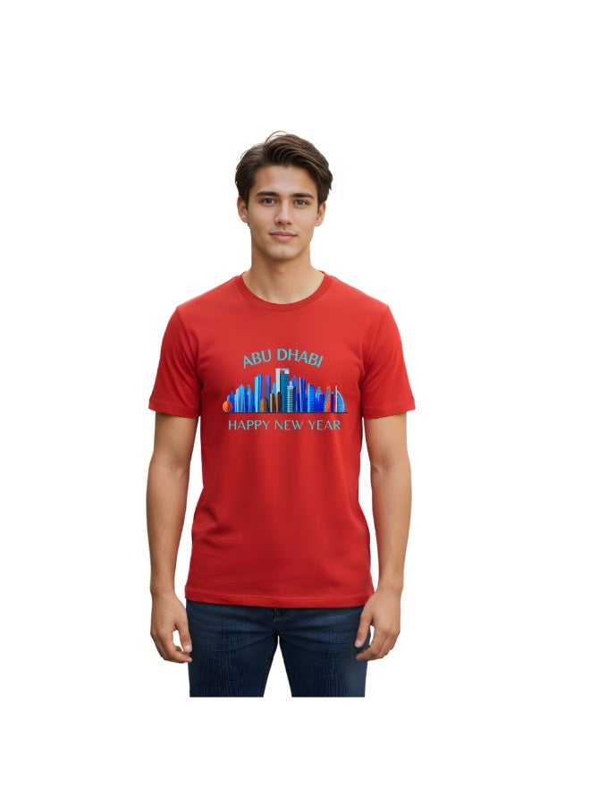 Happy New Year Abu Dhabi Themed Adult Men's T-Shirt-Celebrate In Stunning Abu Dhabi Round Neck Short Sleeve Cotton T-Shirt-Perfect For New Year Party - Image 1