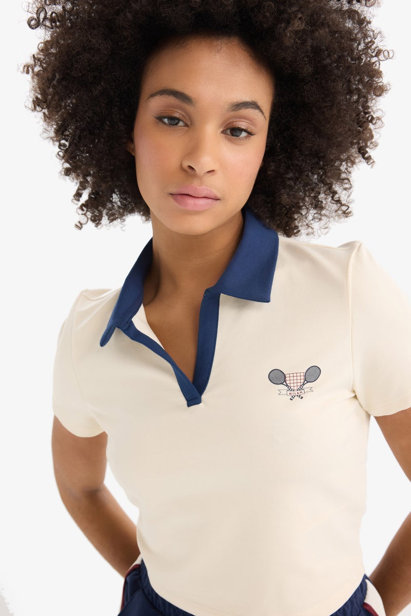 DeFacto Beige Woman DeFactoFit Standard Fit Printed Sports Polo T-Shirt Casual - Image 5