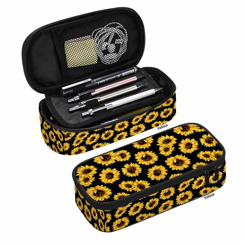 Yekiua Sunflower Pen Bag Elegant Stylish Blossom Floral Large Pencil Case Big Capacity Pencil Pouch Pencil Holder Yellow Black