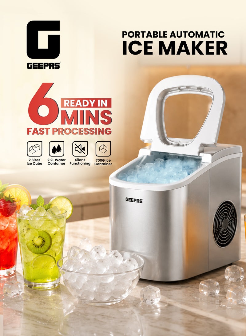 GEEPAS Portable Automatic Ice Maker 12Kg in 24hrs | Two Sizes Ice Cube | Auto Shut Off | Portable Ice Maker | Electric Ice Maker for Home/ Kitchen/ Office/ Bar/ Party 2.2 L 100 W GIM63015UK Silver - Image 1