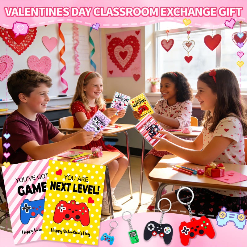 Japior 24 Pack Valentines Day Cards with Fun Video Games Keychains for Kids Classroom Exchange Gifts,8 Designs Valentines Keychains and Encouragement Cards School Party Favor Goodies Bag Stuffers Toys - Image 2