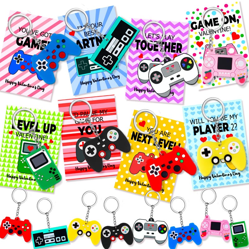 Japior 24 Pack Valentines Day Cards with Fun Video Games Keychains for Kids Classroom Exchange Gifts,8 Designs Valentines Keychains and Encouragement Cards School Party Favor Goodies Bag Stuffers Toys - Image 1