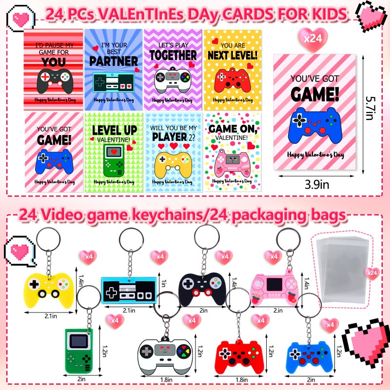 Japior 24 Pack Valentines Day Cards with Fun Video Games Keychains for Kids Classroom Exchange Gifts,8 Designs Valentines Keychains and Encouragement Cards School Party Favor Goodies Bag Stuffers Toys - Image 3
