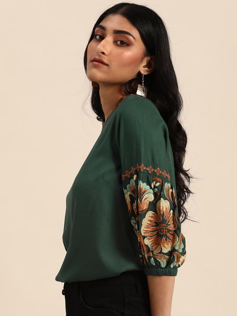 rytras Women's Embroidered Regular Top(Green,XS) - Image 3