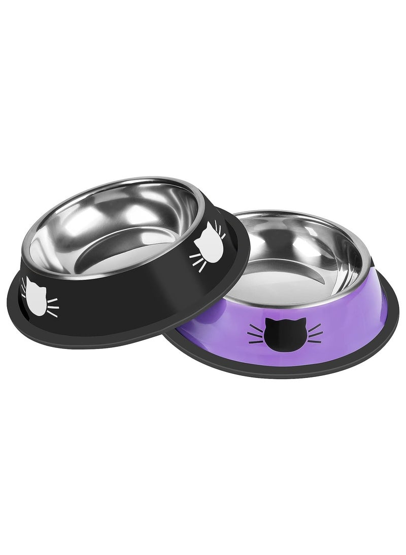 2Pcs Cat Bowl Pet Bowl for Food and Water, Stainless Steel Cat Bowl Pet Bowl,Non-Slip With Rubber Base for indoor Cats Small Dogs(Black/Purple) - Image 1