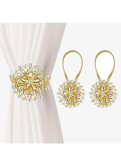 2 PCS Magnetic Curtain Tiebacks, Crystal Decor Curtain Ties for Drapes No Drilling Drapery Holdbacks with High-Elastic Spring Wire for Home Office Window Decorative Holdback, Gold