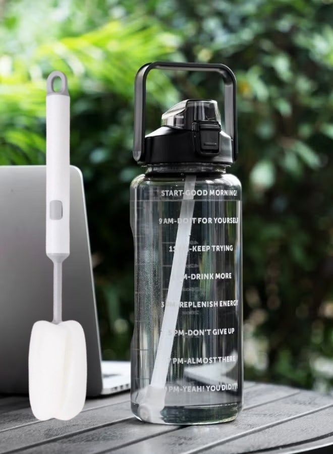 2L Large Capacity Water Bottle, Portable Plastic Water Bottle, Sports Water Bottle, With a Pop-Up Lid and Time Mark Reminder Cream Cup, Used for Outdoor Sports and Fitness-Black - Image 1