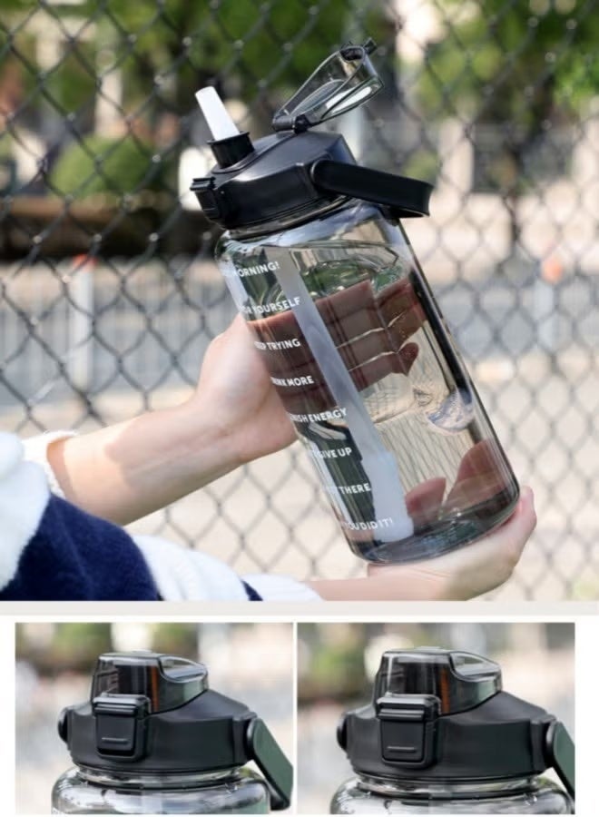 2L Large Capacity Water Bottle, Portable Plastic Water Bottle, Sports Water Bottle, With a Pop-Up Lid and Time Mark Reminder Cream Cup, Used for Outdoor Sports and Fitness-Black - Image 3