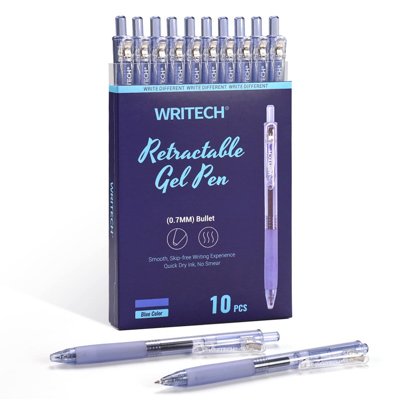 WRITECH أقلام حبر جل قابلة للسحب WRITECH: قلم بقطر 0.7 مم بلون حبر أزرق لنقش الملاحظات، كتابة سلسة، طرف رفيع، حبر سريع الجفاف، لا يترك أثر، مجموعة 10 قطع - Image 1