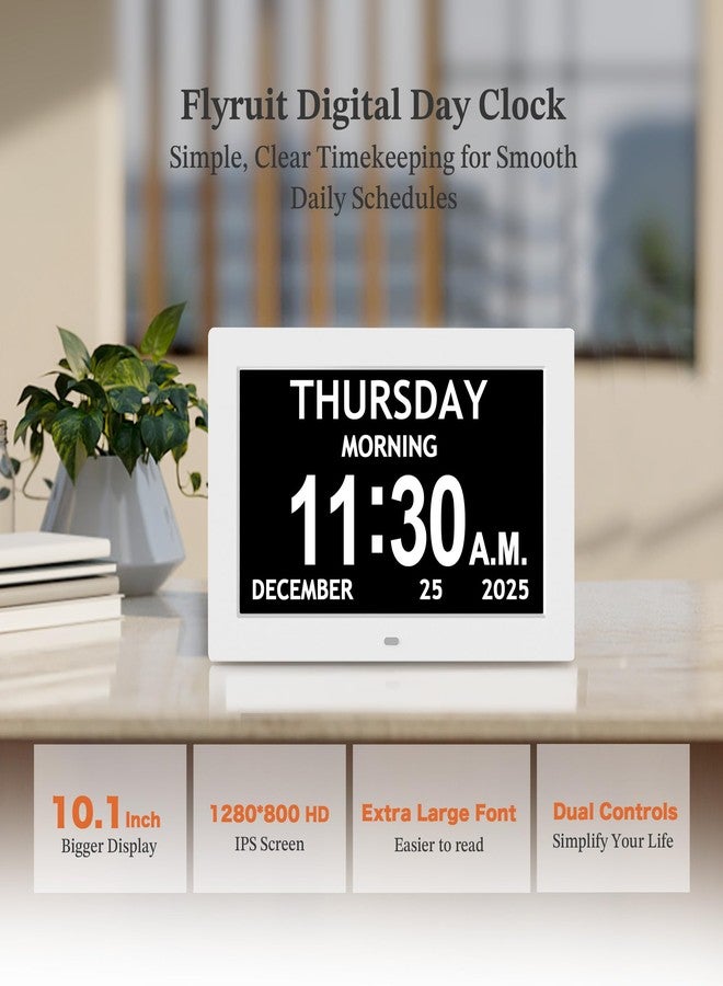 FLYRUIT 10.1'' Extra Large Digital Clock, 1280*800p HD Display, Dementia Clock For Seniors, Digital Clock With Date, Time, Day Of Week, 10 Reminders & 6 Alarms, Auto Dimming & DST, Remote Control, White - Image 2