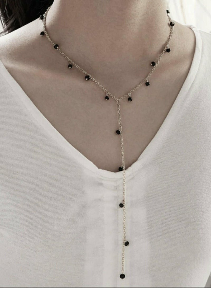 Handmade Women Necklace Of Silvery Chain With Black Beads