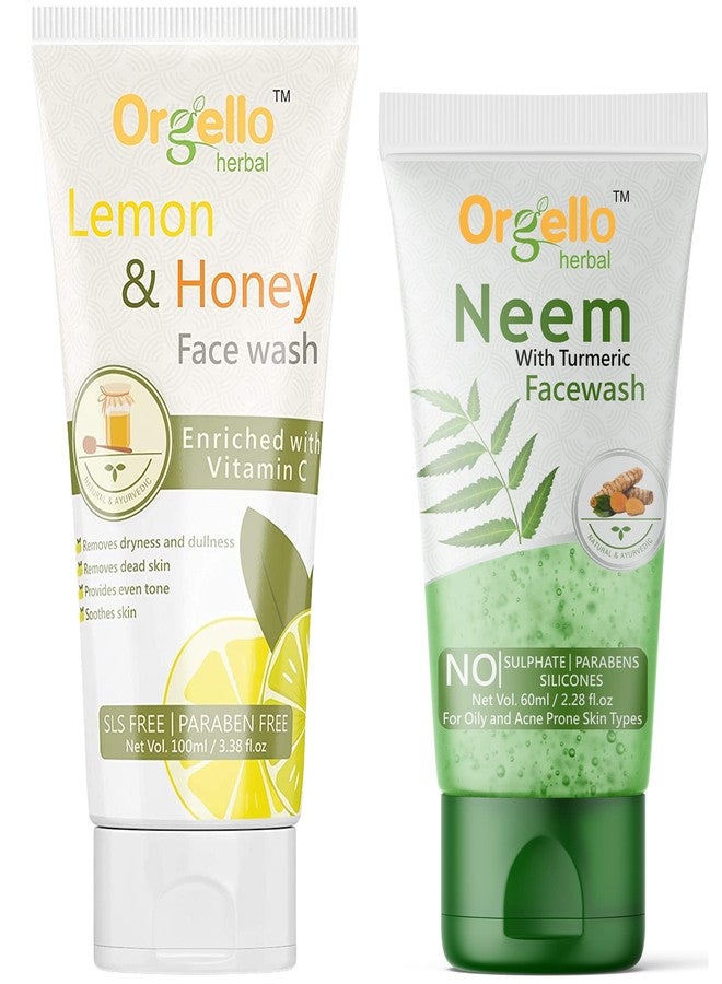 Orgello Herbal Lemon Honey Face Wash | 1 X 100 ml | Neem And Turmeric Face Wash | 1 X 60 ml | Men Women Boys Girls | All Skin Types | Paraben Sulphate Free | Pack of 2 - Image 1