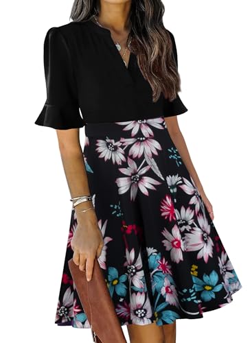 Mokayee Womens Summer Dresses 2025 Floral Short Sleeve V-Neck Fit and Flare Aline Cute Cocktail Sunday Church Classy Elegant Petite Dinner Business Casual Interview Work Dress with Pockets L - Image 1