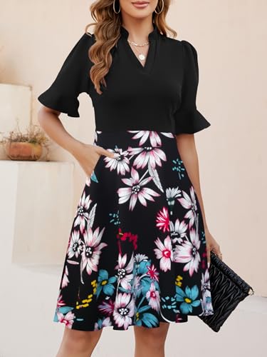 Mokayee Womens Summer Dresses 2025 Floral Short Sleeve V-Neck Fit and Flare Aline Cute Cocktail Sunday Church Classy Elegant Petite Dinner Business Casual Interview Work Dress with Pockets L - Image 2