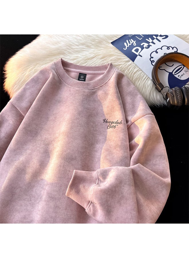 Vuug Tie-dye Distressed Hoodie Men Spring Autumn Loose American Style Fleece-lined High Street Base Shirt XL Pink Fleece-lined - Image 1