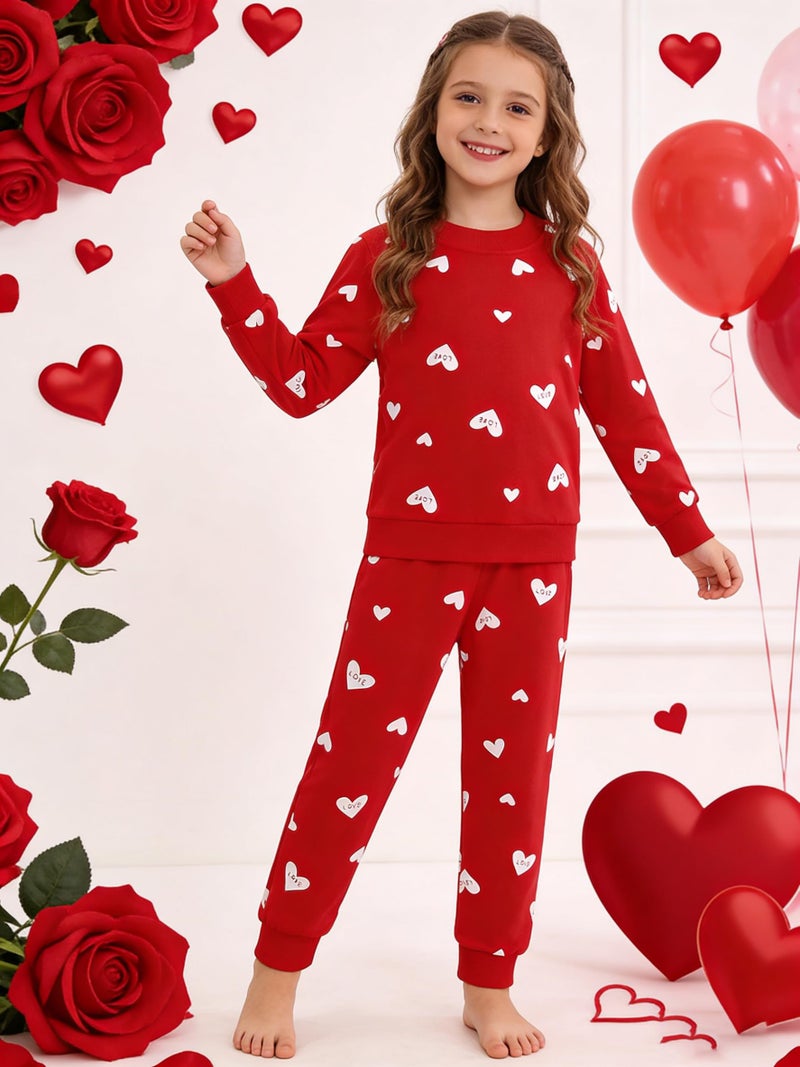 RETSUGO Girls Heart Outfit Winter Clothes Set for Girls Hearts Clothing 2 Piece Set Toddler Girl Sweatsuit Long Sleeve Heart T-Shirt+Red Pants Outfit Size 7/6734 - Image 2