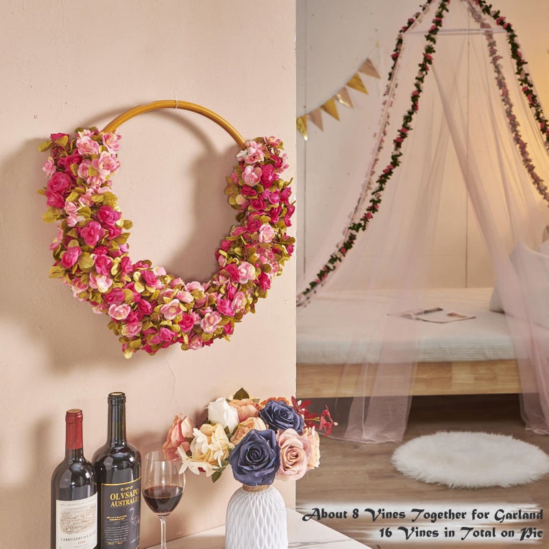 PONKING 8 Pcs x 8.2 ft Flower Garland Artificial Rose Vine Flowers with Green Leaves Hanging Fake Roses Vine for Room Party Home Wedding Birthday Christmas Wall Arch Decor, Fall Purple Flower - Image 3
