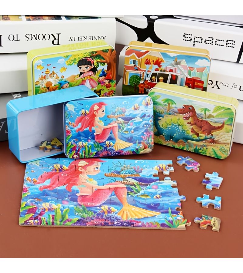 60 Pcs Wooden Puzzle Mermaid Challenging Educational Toy with Storage Box - Image 1