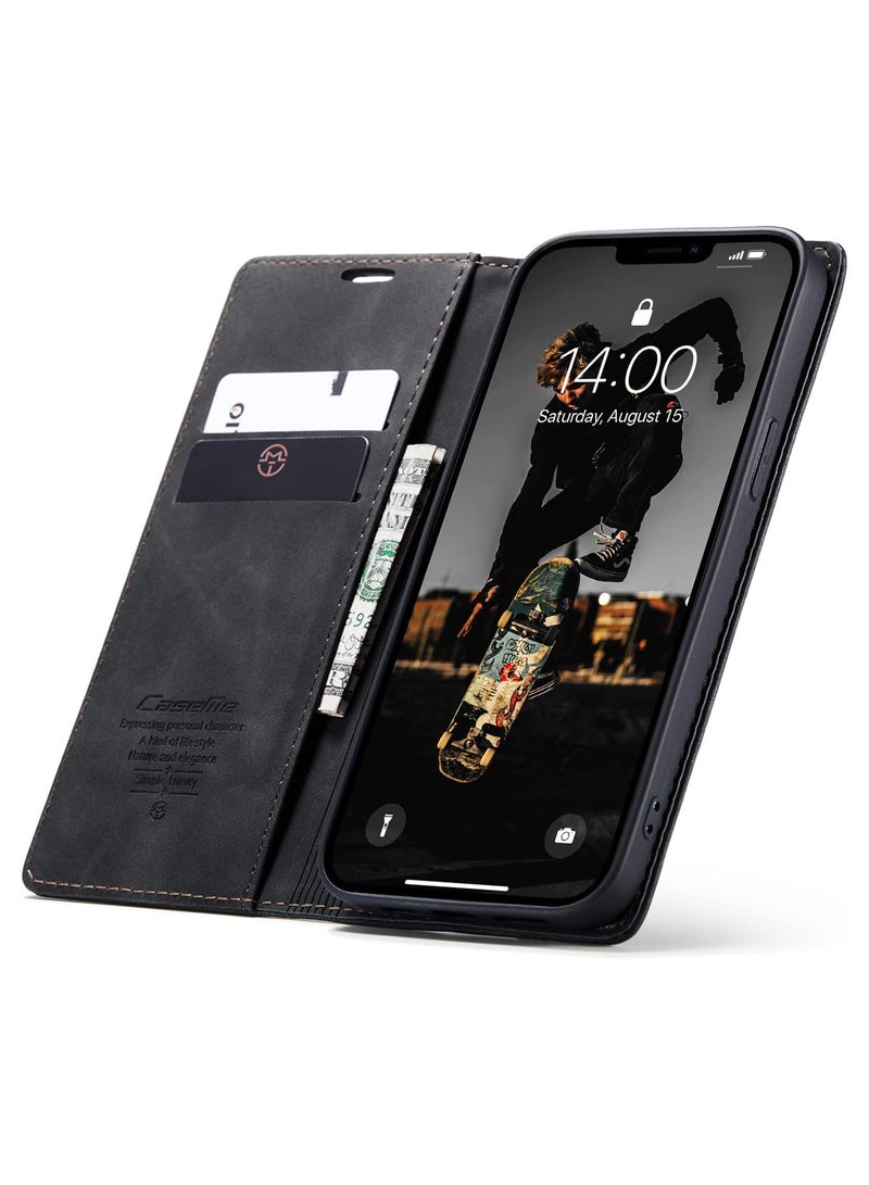 CaseMe CaseMe iPhone 15 Pro MAX, Premium Vintage Leather Flip Case [TPU Protection] [Protective Function] [Card Slots] [Magnetic Closure] Leather Flip Case for Original iPhone 15 Pro MAX - Black  - Image 3