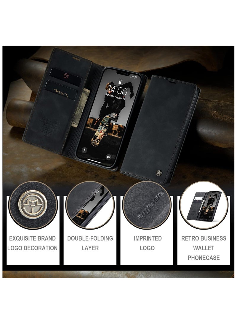 CaseMe CaseMe iPhone 15 Pro MAX, Premium Vintage Leather Flip Case [TPU Protection] [Protective Function] [Card Slots] [Magnetic Closure] Leather Flip Case for Original iPhone 15 Pro MAX - Black  - Image 4