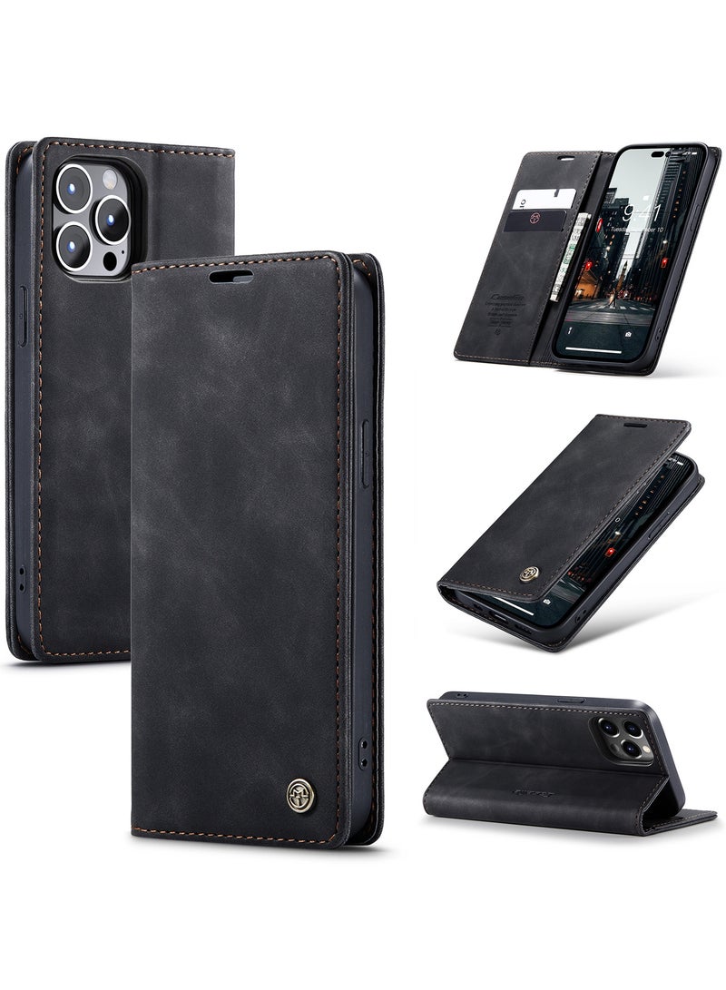 CaseMe CaseMe iPhone 15 Pro MAX, Premium Vintage Leather Flip Case [TPU Protection] [Protective Function] [Card Slots] [Magnetic Closure] Leather Flip Case for Original iPhone 15 Pro MAX - Black  - Image 1