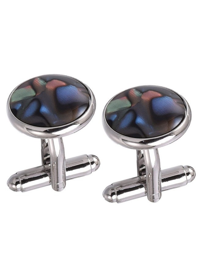 Jonwo Polished Natural Abalone Men Cufflinks And Tie Clip Set Silver Tone 14K Gold Plated Men Tie Pin Cufflinks For Wedding Tuxedo Shirt Party Birthday Anniversary (Round Silver Cufflinks) - Image 5