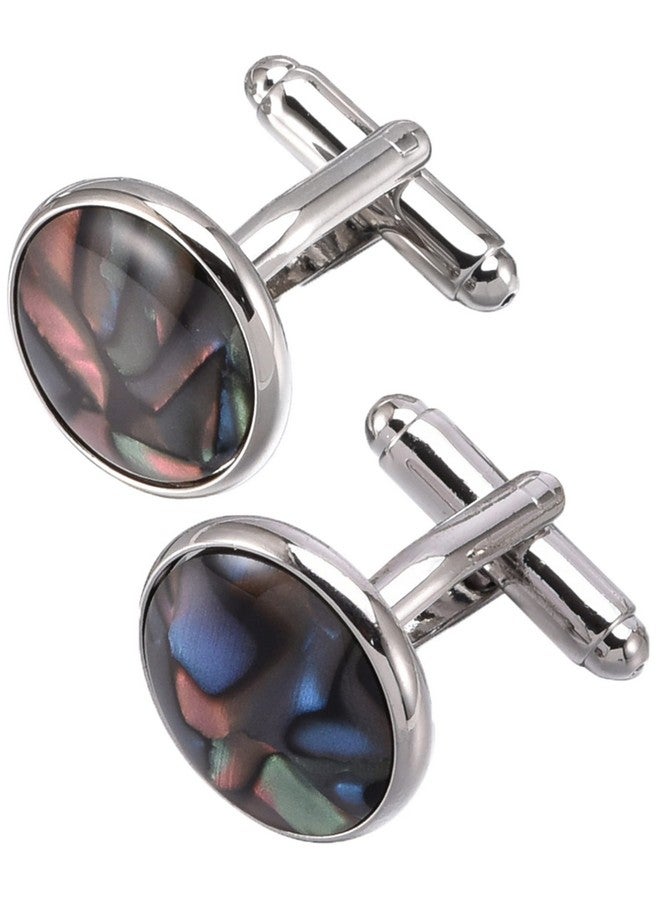 Jonwo Polished Natural Abalone Men Cufflinks And Tie Clip Set Silver Tone 14K Gold Plated Men Tie Pin Cufflinks For Wedding Tuxedo Shirt Party Birthday Anniversary (Round Silver Cufflinks) - Image 1