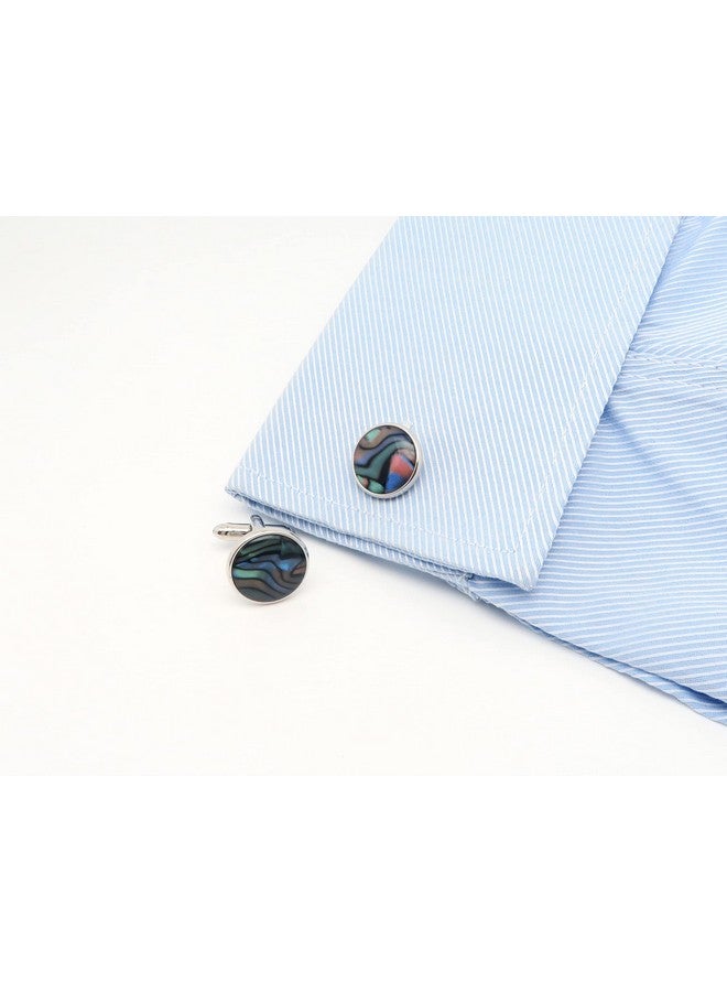 Jonwo Polished Natural Abalone Men Cufflinks And Tie Clip Set Silver Tone 14K Gold Plated Men Tie Pin Cufflinks For Wedding Tuxedo Shirt Party Birthday Anniversary (Round Silver Cufflinks) - Image 2