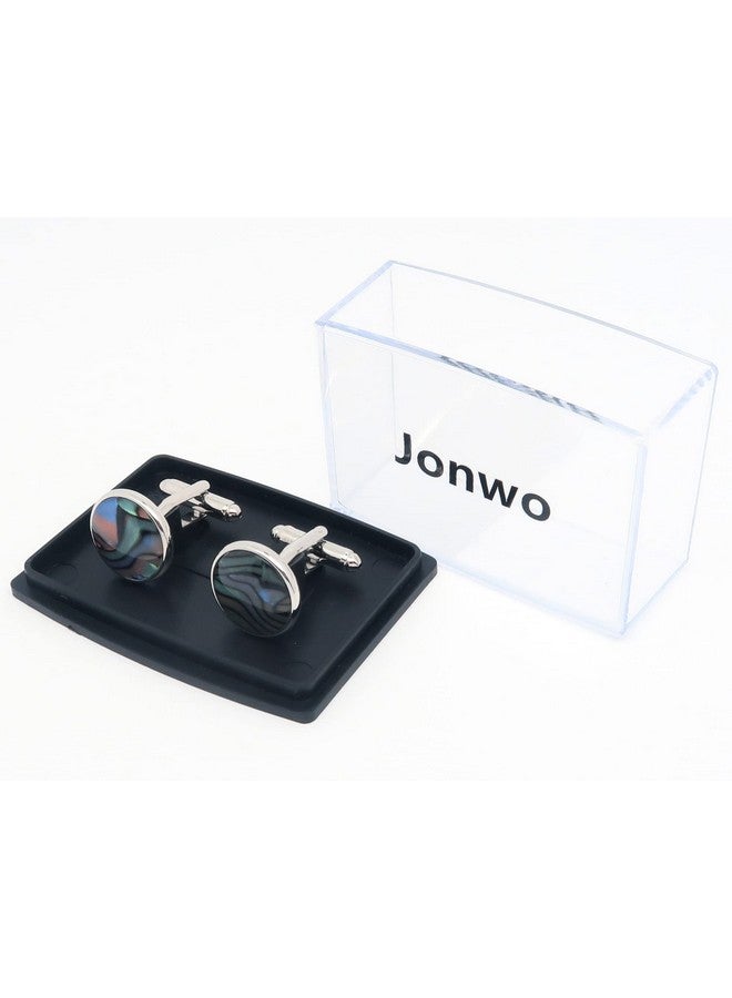 Jonwo Polished Natural Abalone Men Cufflinks And Tie Clip Set Silver Tone 14K Gold Plated Men Tie Pin Cufflinks For Wedding Tuxedo Shirt Party Birthday Anniversary (Round Silver Cufflinks) - Image 3