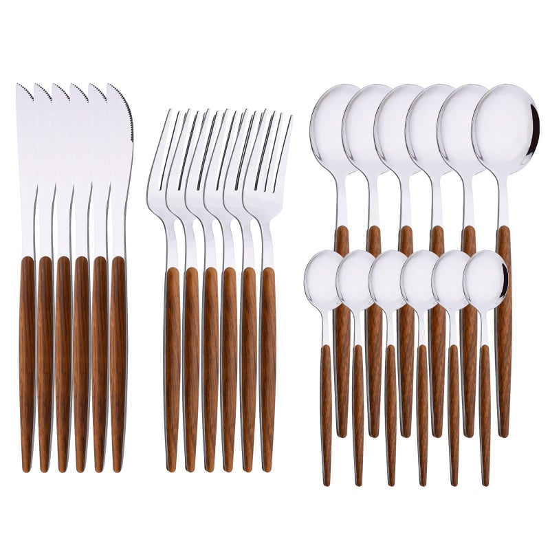 Uniturcky 24Piece Silverware Set for 6 Silver Mirror Polished Stainless Steel Flatware Set Wooden Effect Handle Utensil Set for Home Hotel Restaurant Family Cutlery Set Include Knife Fork Spoon