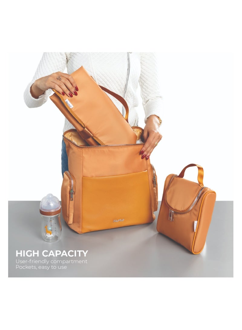 Nurtur Nurtur Aura Maternity Diaper Bag PU Leather and Nylon Fashion Bagpack Bag Multifunction Travel Bag with insulator bottle warming pocket and changing pad - Tan  - Image 4