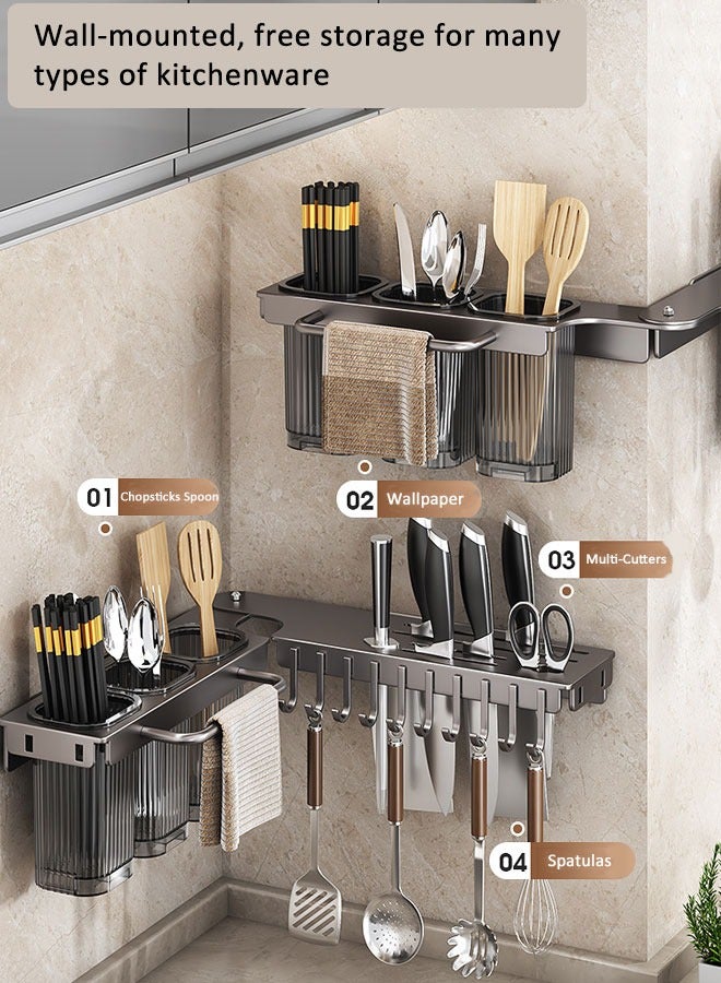 Kitchen Utensil Rack Stainless Steel Kitchen Utensil Holder Multifunctional Wall Mounted Rack With Spoon Fork And Chopstick Holder Perforation-free Chopsticks Cage 90 degree rotationfor Tools/Towel/Knife(Double Cup with 8 Hooks)  - Image 3