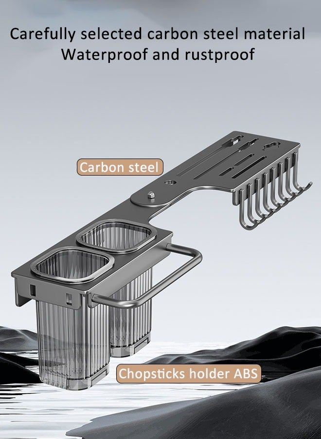 Kitchen Utensil Rack Stainless Steel Kitchen Utensil Holder Multifunctional Wall Mounted Rack With Spoon Fork And Chopstick Holder Perforation-free Chopsticks Cage 90 degree rotationfor Tools/Towel/Knife(Double Cup with 8 Hooks)  - Image 4