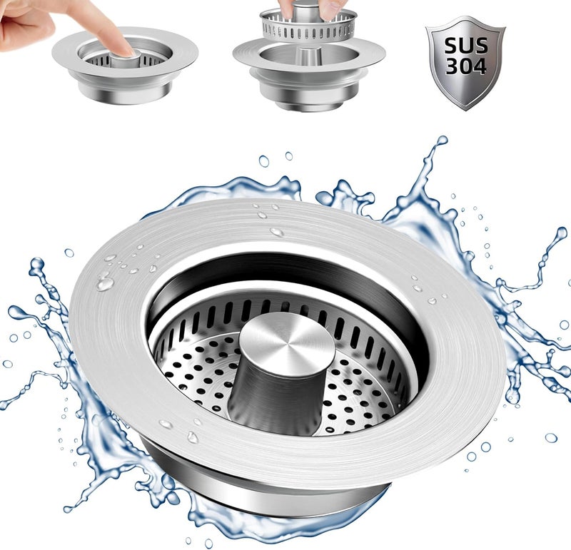 NinjaTiger Kitchen Sink Drain Strainer - Stainless Steel Sink Stopper 3-in-1 Pop-Up Sink Strainer with Anti-Clogging Basket Odor Filter Sink Drain Cover Plug for US Standard 3-1/2'' | Silver-1 Pack - Image 1