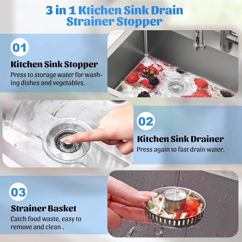 NinjaTiger Kitchen Sink Drain Strainer - Stainless Steel Sink Stopper 3-in-1 Pop-Up Sink Strainer with Anti-Clogging Basket Odor Filter Sink Drain Cover Plug for US Standard 3-1/2'' | Silver-1 Pack - Image 2
