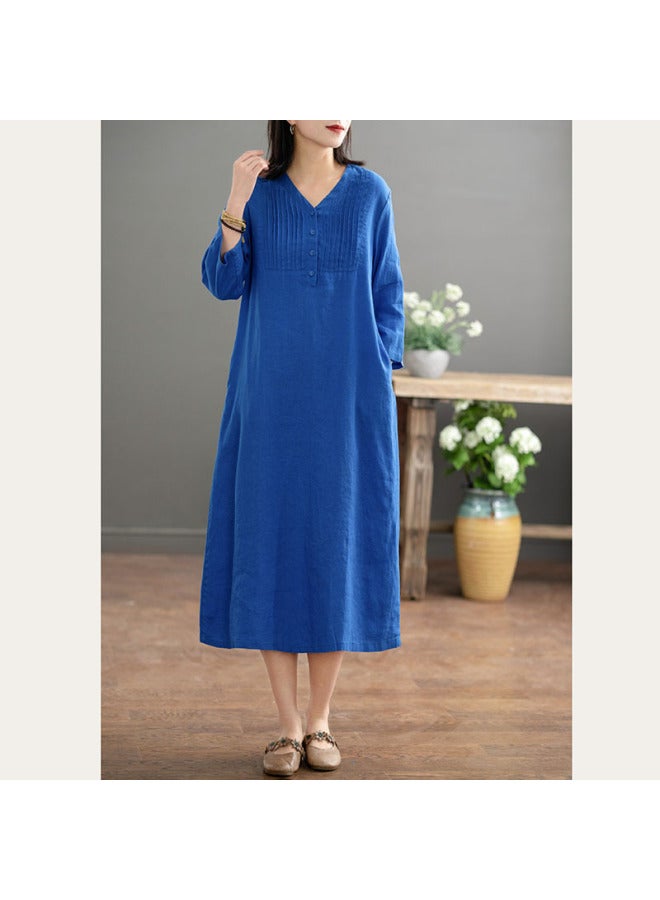 الفساتين من الكتان واللينين للصيف باللون الأزرق الواسعة الخفيفة للخصر الأدبية الكازوال للسياحة المطوية المستقيمة الطويلة