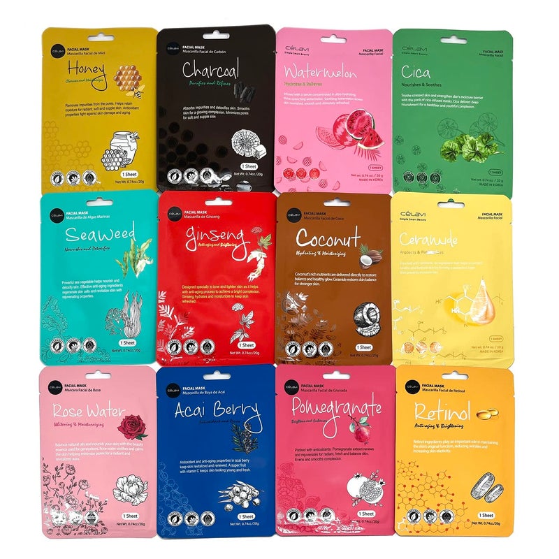 Celavi KBeauty Skincare Essence Facial Face Mask Korea Skin Care Moisturizing B Set 12 Pack